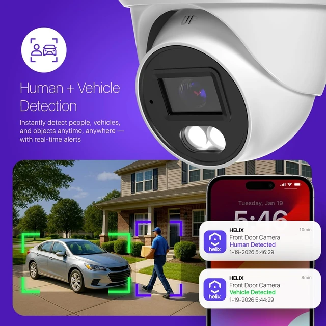 Alt view image 4 of 5 - Helix 4K/8-MP Security AI IP PoE Camera, 98ft Night Color, Human Detection, NDAA Compliant, Indoor Outdoor Surveillance Turret, Built in Mic, Support 256GB MicroSD, Deterrent, HLX-IP8M-T303EW-AI