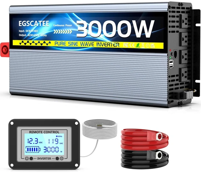 Main image of 12V 3000W Pure Sine Wave Inverter 12V DC to 110V/120V AC Converter with 4AC Outlets, 5V/3.4A USB, Remote Control with on-Screen Display, Off-Grid Solar Power Inverter for Truck, Home, Vehicles, RV