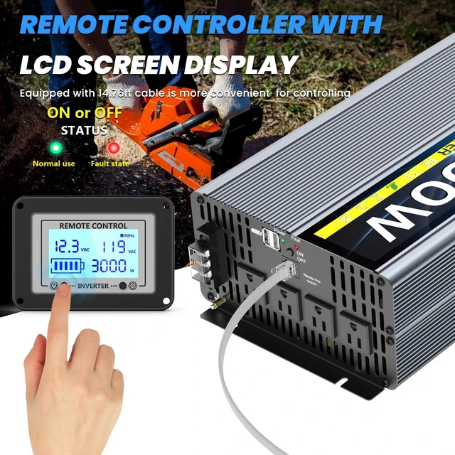 Alt view image 2 of 5 - 12V 3000W Pure Sine Wave Inverter 12V DC to 110V/120V AC Converter with 4AC Outlets, 5V/3.4A USB, Remote Control with on-Screen Display, Off-Grid Solar Power Inverter for Truck, Home, Vehicles, RV