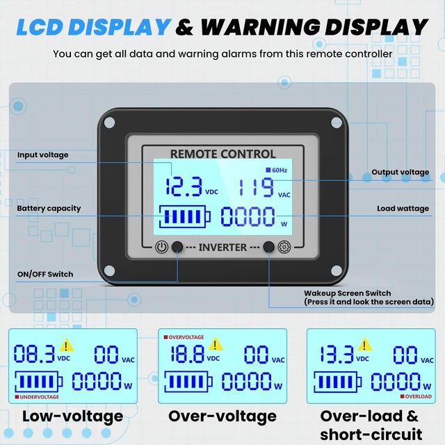 Alt view image 3 of 5 - 12V 3000W Pure Sine Wave Inverter 12V DC to 110V/120V AC Converter with 4AC Outlets, 5V/3.4A USB, Remote Control with on-Screen Display, Off-Grid Solar Power Inverter for Truck, Home, Vehicles, RV