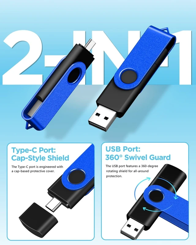 Alt view image 2 of 5 - 16GB 10-Pack 2-in-1 Flash Drive EASTBULL OTG USB 2.0 Type-C Drive Blue