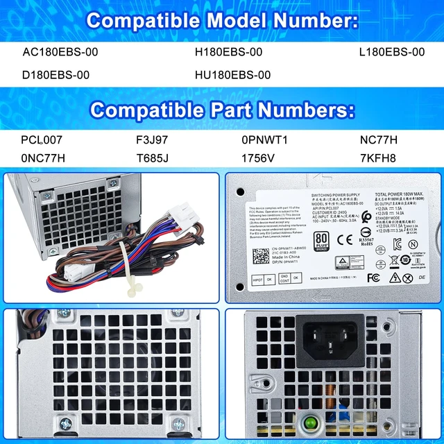 Alt view image 3 of 5 - AC180EBS-00 PCL007 180W Power Supply PSU Compatible with Dell Inspiron 3910 Vostro 3690 3710 Optiplex 3990 3991 3900 3901 7000 MT AC180EBS-00 H180EBS-00 D180EBS-00 L180EBS-00 F3J97 Power Supply