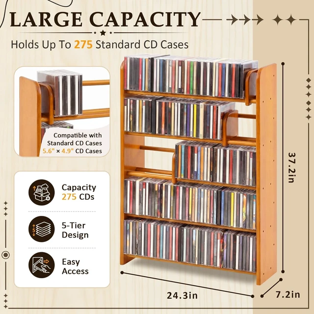 Alt view image 2 of 5 - BreezeHug 5 Tier Solid Wood CD Storage Rack, 275+ Capacity Media Display Shelf with 5 Adjustable Sliding Dividers, Floor Standing Organizer for CDs DVDs Vinyl Records, Rustic Home Theater Furniture