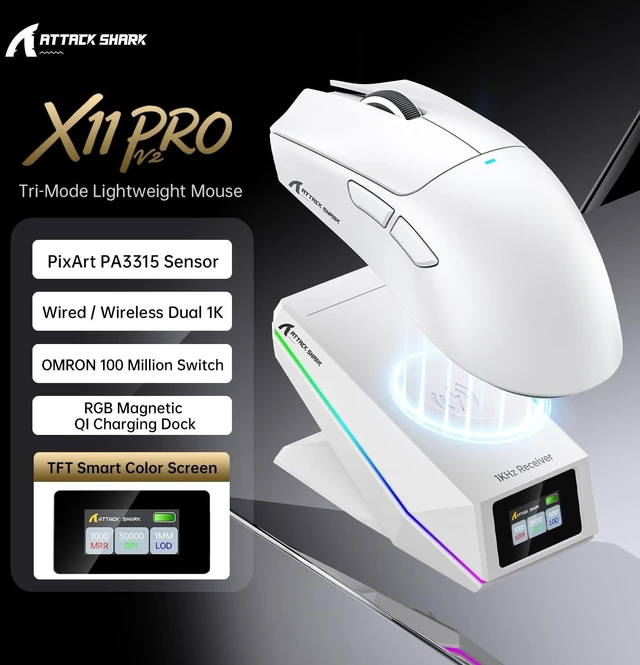 Alt view image 2 of 5 - ATTACK SHARK X11PRO V2 Tri Mode Lightweight Wireless Gaming Mouse-White