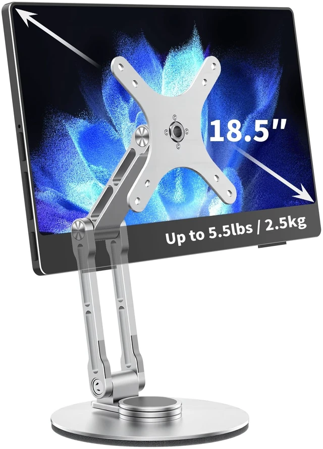 Main image of YCNEW Portable Monitor Stand VESA Mount, Tilt & Rotation Joints Use Metal Hinges, Foldable Aluminum Desk Mount for 13-18.5 Inch & up to 5.5 lbs Small Monitors, Suitable for Home Office Travel (Silver)