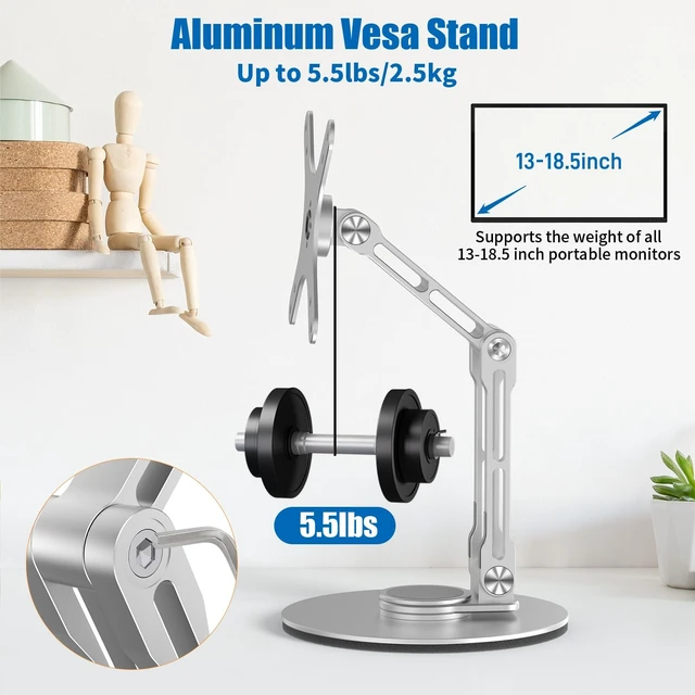 Alt view image 3 of 5 - YCNEW Portable Monitor Stand VESA Mount, Tilt & Rotation Joints Use Metal Hinges, Foldable Aluminum Desk Mount for 13-18.5 Inch & up to 5.5 lbs Small Monitors, Suitable for Home Office Travel (Silver)