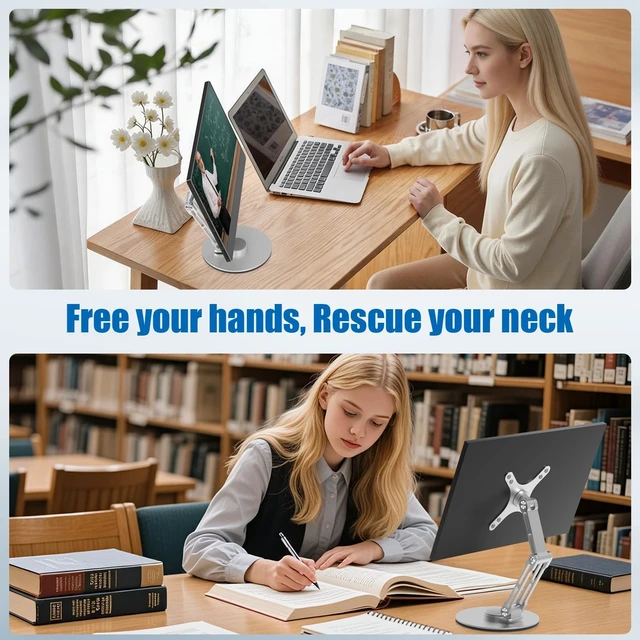 Alt view image 2 of 5 - YCNEW Portable Monitor Stand VESA Mount, Tilt & Rotation Joints Use Metal Hinges, Foldable Aluminum Desk Mount for 13-18.5 Inch & up to 5.5 lbs Small Monitors, Suitable for Home Office Travel (Silver)