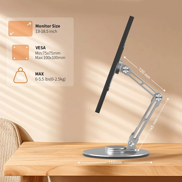 Alt view image 5 of 5 - YCNEW Portable Monitor Stand VESA Mount, Tilt & Rotation Joints Use Metal Hinges, Foldable Aluminum Desk Mount for 13-18.5 Inch & up to 5.5 lbs Small Monitors, Suitable for Home Office Travel (Silver)