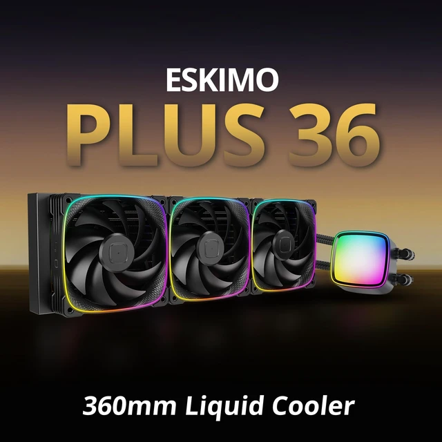 Alt view image 2 of 5 - Geometric Future Eskimo Plus 36-360mm AIO CPU Liquid Cooler - 30mm-Thick Squama 3003 PWM ARGB Fans x 3-1.5 L/min High-Flow Pump - Intel LGA 1851/1700, AMD AM5/AM4 - Black, GEO-EPS-36B