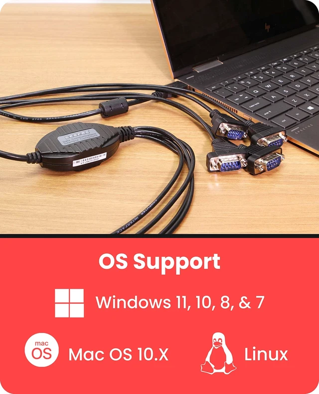 Alt view image 5 of 5 - Gearmo 4 Port Serial to USB Adapter with FTDI Chipset, 4 x DB9 Male 9 Pin Ports with Hex Nuts, Windows 11, 10, 8, 7, Linux & Mac, Plug-and-Play, ESD & Surge Protection (5ft Length)