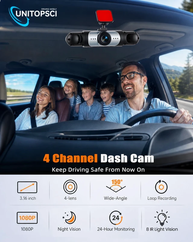 Alt view image 2 of 5 - UNITOPSCI 360 4 Channel 1080P Dash Cam Front and Rear Inside Left Right, 3.16" Dash Camera for Cars, Built-in Loop Recording, Motion Detection, 8 IR Lamps Night Vision, Reversing Help