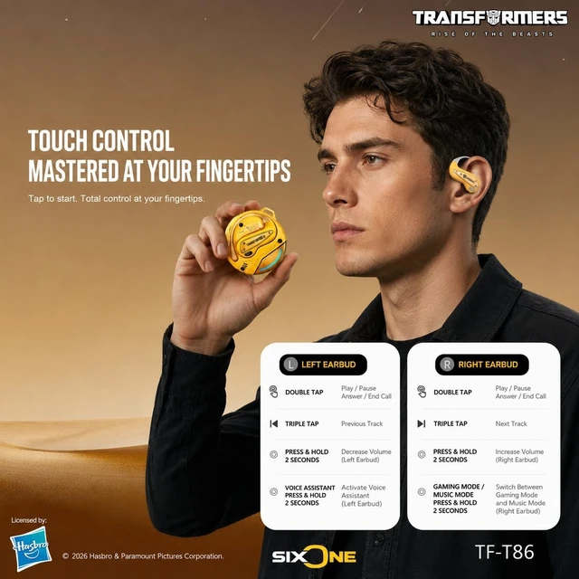 Alt view image 4 of 5 - Transformers Flux T86 Ear-Hook Bluetooth Wireless Earbuds, Heavy-Duty Zinc Alloy Armor Charging Case, 14.2mm Hi-Fi Drivers, Built-in Mic, Game & Music Modes, Sports Earphones (Bumblebee Yellow)