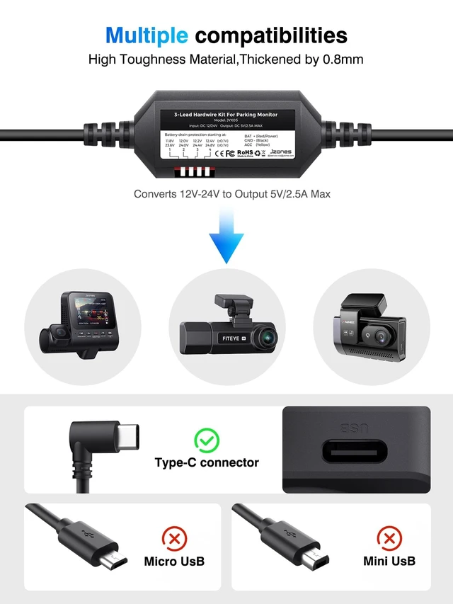 Alt view image 4 of 5 - Hardwire Kit for Dash Cam, 24/7 Parking Mode Type-C Cable