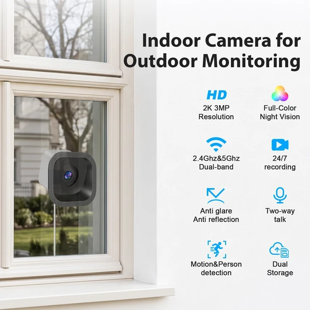Alt view image 2 of 5 - Carltec No Drill 2K Window Security Camera, Starlight Color Night Vision, Anti-Glare Anti-Reflection, 2.4GHz&5GHz WiFi Indoor Camera for Outdoor Monitoring,24/7 Recording,Local & Cloud Storage