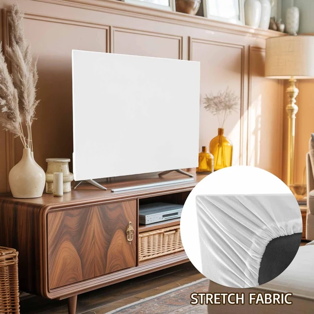Alt view image 2 of 5 - TV Cover for 75 Inch Screen, White Stretch Fabric Dustproof TV Display Protector, Modern Minimalist Pure Soild Color Elastic Slipcover Monitor Cover for Indoor Desktop Computer 65.4"x36.8"