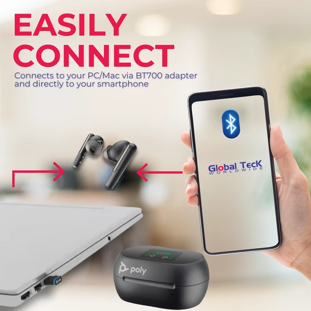 Alt view image 3 of 5 - Poly Plantronics Voyager Free 60+ Bluetooth UC Earbuds with Touchscreen Charge Case (Teams, USB-C) - Global Teck Bundle with Microfiber Cloth - Compatible with Popular and Latest Meeting Platforms