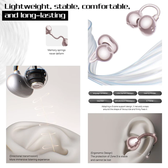 Alt view image 4 of 5 - Dmooster D95 Open Ear Clip-On Bluetooth 6.0 Headphones, Sport Earbuds Pink