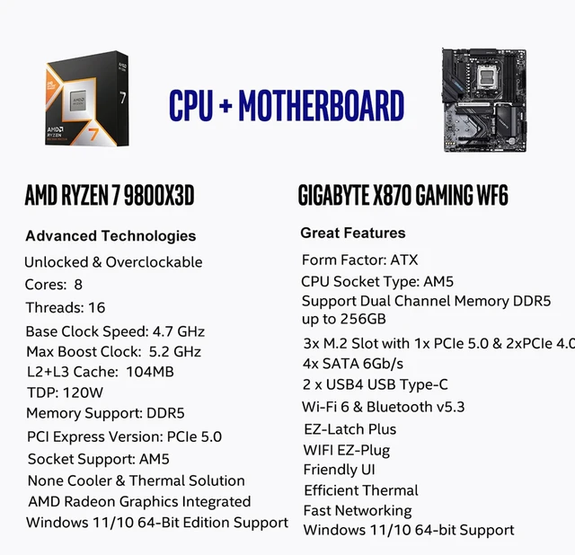 Alt view image 2 of 5 - MICRO CENTER CPU Motherboard Combo: AMD Ryzen 7 9800X3D CPU Processor with GIGABYTE X870 Gaming WIFI6 AM5 Motherboard (ATX, DDR5, 3X M.2, PCIe 5.0, USB4, EZ-Latch)