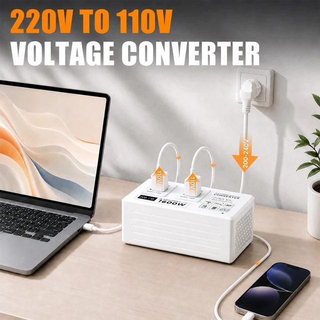 Alt view image 2 of 5 - LVYUAN 1600W 220V to 110V Pure Sine Wave Voltage Converter with LCD