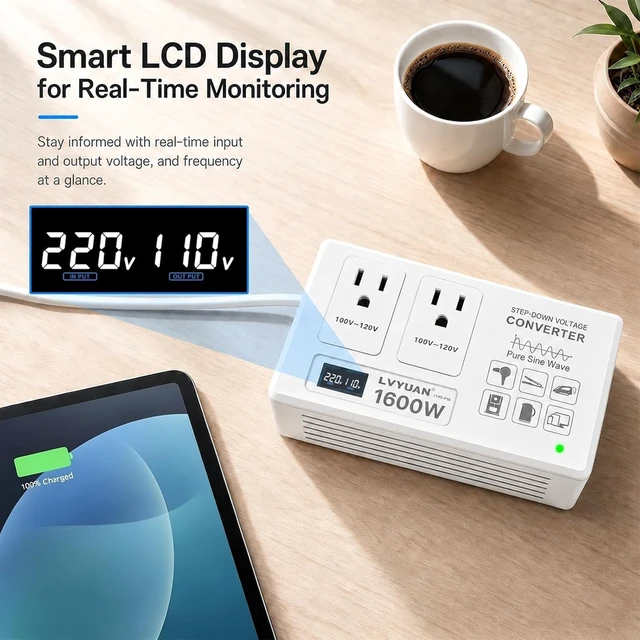 Alt view image 4 of 5 - LVYUAN 1600W 220V to 110V Pure Sine Wave Voltage Converter with LCD
