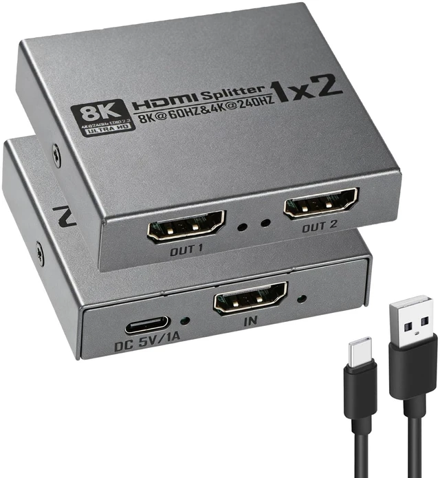 Main image of 8K@60Hz HDMI 2.1 Splitter 1 in 2 Out, 8K HDMI Splitter 1 in 2 Out Display Duplicate/Mirror Screen, Supports Ultra HD 4K 3D, Compatible for Blu-Ray Player, TV Box, PS3, PS4, Xbox EtcCan not Extend
