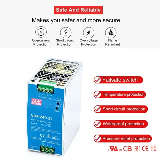 Alt view image 5 of 5 - NDR-240-24 240W 24V 10A Industrial DIN Rail Power Supply - Active PFC for Reduced Harmonics, 88.5% Efficiency, Reliable Performance, Ideal for Demanding Industrial Applications and Robotics