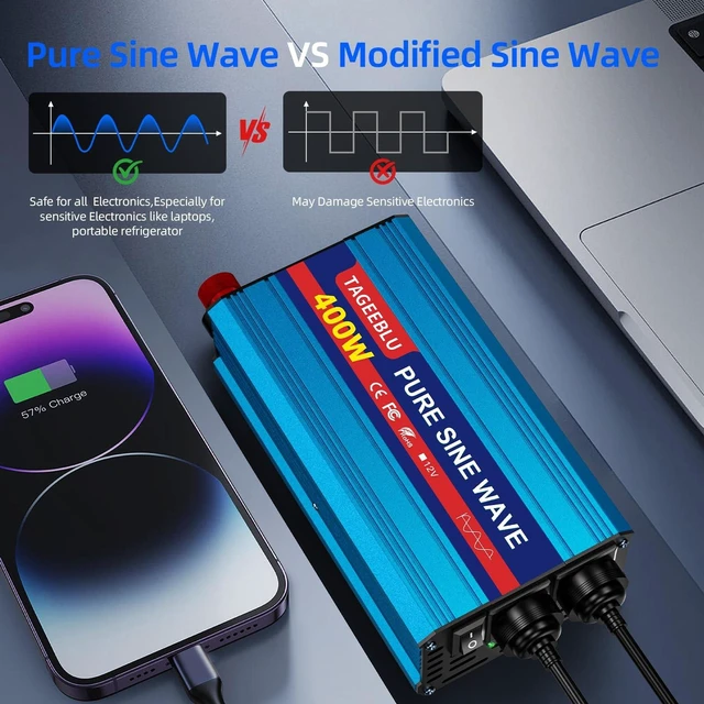 Alt view image 2 of 5 - 400W Pure Sine Wave Power Inverter 12V DC to 110V 120V AC for Vehicles