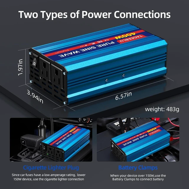 Alt view image 3 of 5 - 400W Pure Sine Wave Power Inverter 12V DC to 110V 120V AC for Vehicles