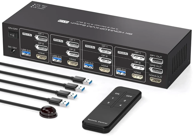 Main image of KVM Switch 3 Monitors 4 Computers 4K144Hz 2 Displayport HDMI Triple Monitor KVM for 4 PC Sharing 3 Screens and 4 USB 3.0 Port with Controller