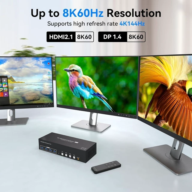 Alt view image 5 of 5 - KVM Switch 3 Monitors 4 Computers 4K144Hz 2 Displayport HDMI Triple Monitor KVM for 4 PC Sharing 3 Screens and 4 USB 3.0 Port with Controller