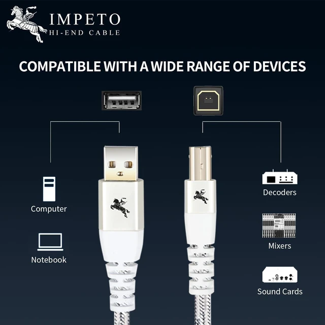Alt view image 2 of 5 - Impeto Audiophiles USB Printer Cable, USB-A to USB-B Printer Cable 2.0, HiFi DAC Type-A to Type-B OTG Audio Cable, Data Cable Digital Cable 4.9ft/1.5M
