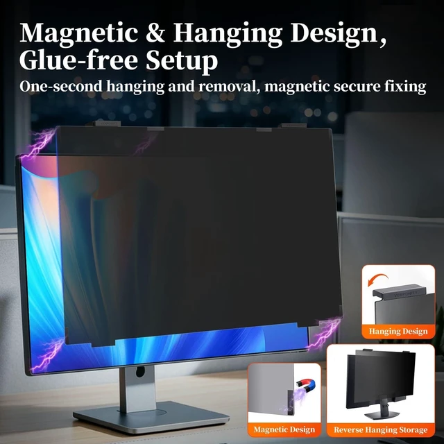 Alt view image 4 of 5 - Verponity 2 Pack 24 Inch Magnetic Privacy Screen for Computer Monitor 16:9, Anti Blue Light Anti-Glare Screen Protector, Tool-free Removable Hanging Privacy Screen for Monitor, Anti-peep Eye Protectio
