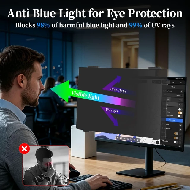 Alt view image 5 of 5 - Verponity 2 Pack 24 Inch Magnetic Privacy Screen for Computer Monitor 16:9, Anti Blue Light Anti-Glare Screen Protector, Tool-free Removable Hanging Privacy Screen for Monitor, Anti-peep Eye Protectio