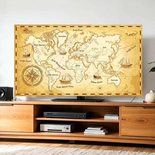 Main image of Jonscart Retro World Map Print Indoor TV Dust Proof Cover Soft Suede Fabric Slipcover Protection Screen Display From Scratches, Dirts, Fingerprint, Sunlight, 70in