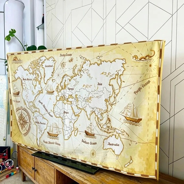 Alt view image 4 of 5 - Jonscart Retro World Map Print Indoor TV Dust Proof Cover Soft Suede Fabric Slipcover Protection Screen Display From Scratches, Dirts, Fingerprint, Sunlight, 70in