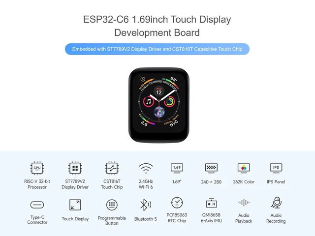 Alt view image 2 of 5 - ESP32-C6 1.69inch Touch LCD Development Board, Onboard 240280 Pixels 262K Color Display, Audio Codec Chip, 6-Axis IMU, etc. Integrated Wi-Fi 6, BLE 5, Zigbee 3.0 and Thread, Supports AI Speech