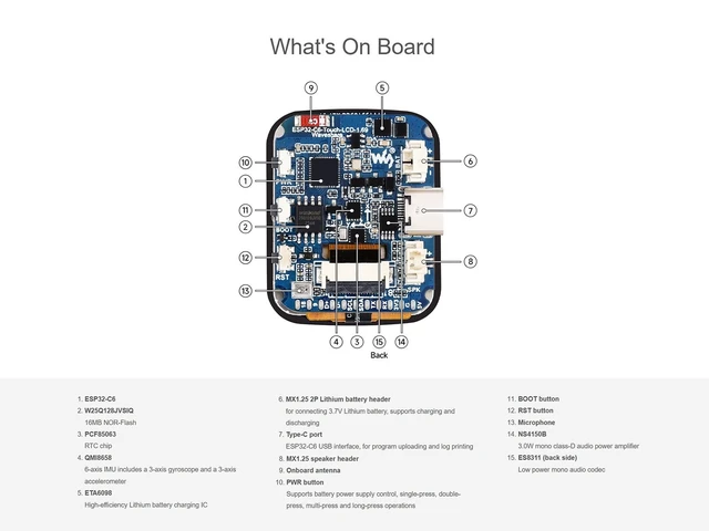 Alt view image 5 of 5 - ESP32-C6 1.69inch Touch LCD Development Board, Onboard 240280 Pixels 262K Color Display, Audio Codec Chip, 6-Axis IMU, etc. Integrated Wi-Fi 6, BLE 5, Zigbee 3.0 and Thread, Supports AI Speech
