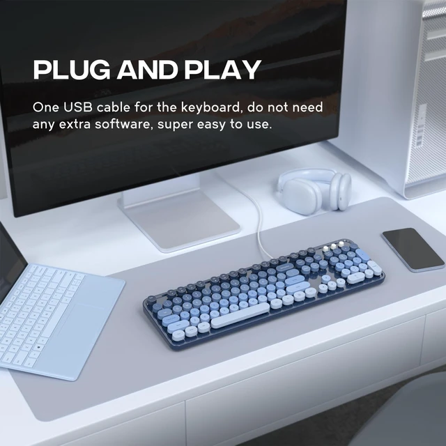 Alt view image 4 of 5 - SQMD Wired Retro Keyboard, 104 Keys Full-Sized Typewriter Keyboards, Office Keyboard with Number Pad, Foldable Stands for Windows, PC, Laptop, Desktop (Sea Salt Blue)