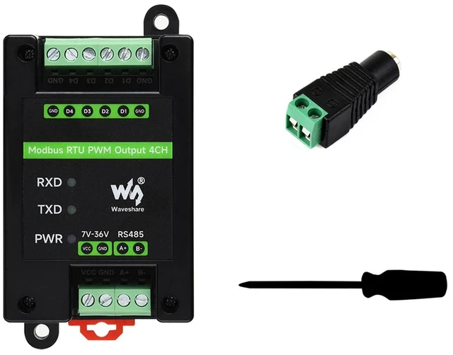Main image of Modbus RTU PWM Output Module 4CH, Isolated RS485 to 4-Channel PWM Controller, Adjustable Frequency & Duty Cycle, 7-36V Power Input, DIN Rail Mount Case, Surge/TVS Protection, LEDs