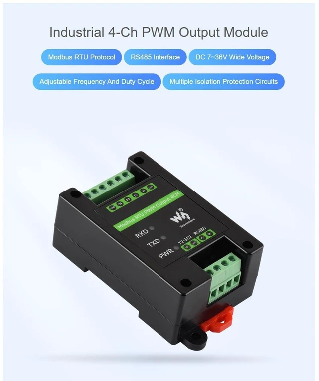 Alt view image 4 of 5 - Modbus RTU PWM Output Module 4CH, Isolated RS485 to 4-Channel PWM Controller, Adjustable Frequency & Duty Cycle, 7-36V Power Input, DIN Rail Mount Case, Surge/TVS Protection, LEDs