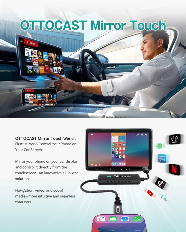 Alt view image 2 of 5 - Ottocast Mirror Touch - Wireless CarPlay & Bi-Directional Phone Mirroring Adapter - Dual Mode, Plug & Play Upgrade for Factory Wired Cars (2016+)