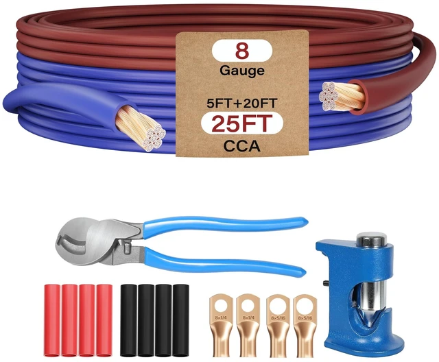 Main image of 8 AWG Gauge Wire Kit CCA 20 Ft Blue+5 Ft Brown, Primary Automotive Power & Ground Wire Welding Battery Cable All-in-One Set for Car Audio RV Trailer Amp Marine+Lugs,Heat Shrink, Cutter &Crimping Tool