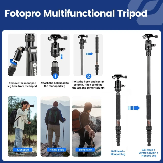 Alt view image 4 of 5 - Fotopro Carbon Fiber Travel Tripod 60 inch with Detachable Monopod