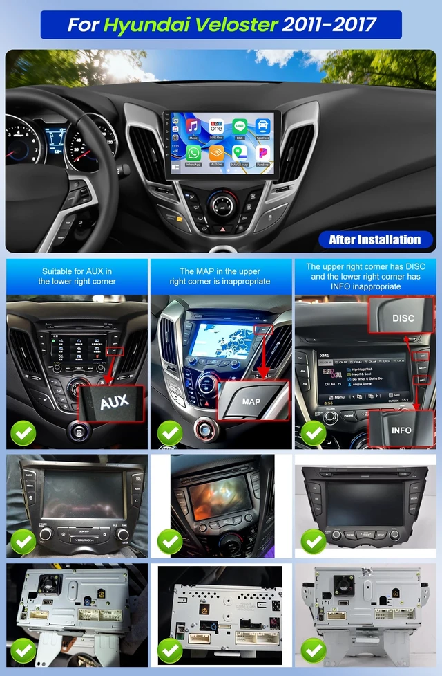 Alt view image 3 of 5 - for Hyundai Veloster 2011-2017 Android 15 Car Stereo 9 Inch Touch Screen Wireless CarPlay Android Auto Mirror Link 2G+64G Bluetooth FM 26UI GPS Navigation WiFi SWC+Backup Camera