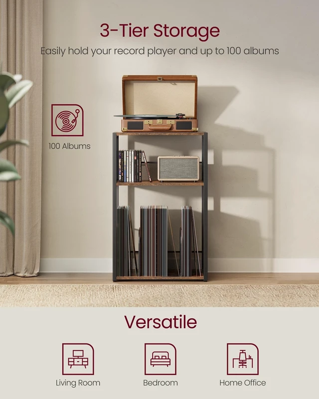 Alt view image 3 of 5 - VASAGLE 3-Tier Record Player Stand, Vinyl Record Storage up to 100 Albums