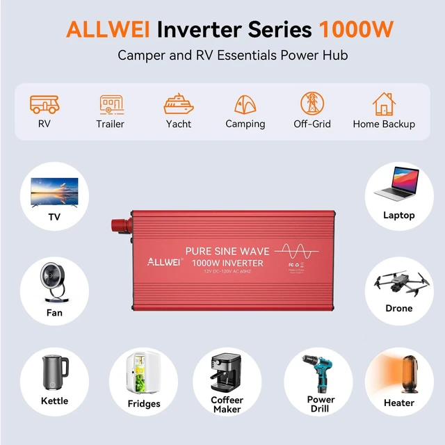 Alt view image 3 of 5 - ALLWEI 1000W Pure Sine Wave Inverter, 12V DC to 120V AC Converter
