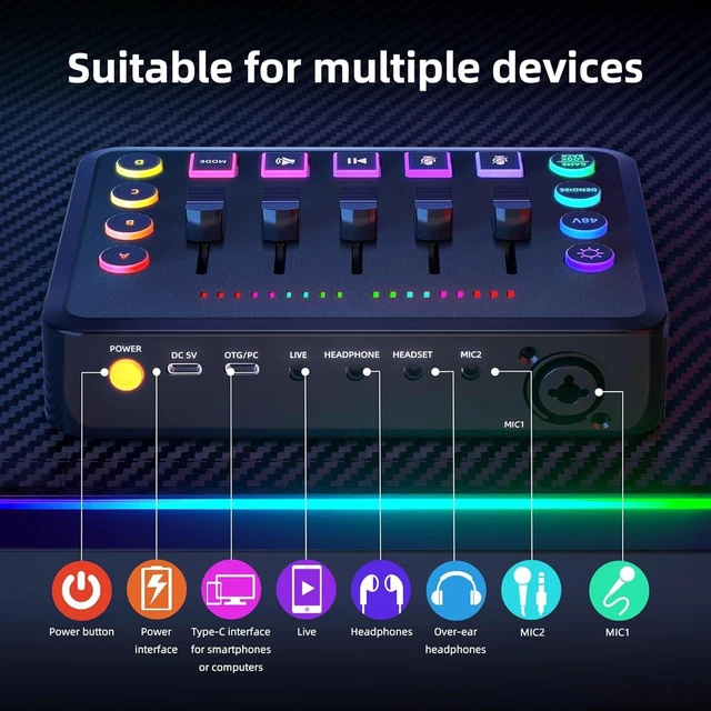 Alt view image 3 of 5 - Portable Sound Card Wireless Live Streaming Audio Mixer for Podcasting Karaoke Gaming Noise Reduction RGB Lights 4-Custom Recording Buttons BT5.0 Compatible with PC/Phone