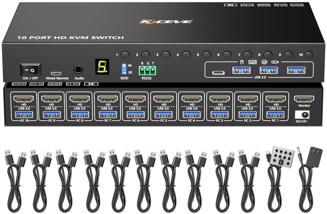 Main image of 10 Port HDMI KVM Switch 4K@60Hz EDID Simulation, USB 3.0 KVM Switch HDMI for 10 Computers Share 1 Monitor and 4 USB Devices, KVM Switches with Audio RS232 Wired Remote 12V Power and USB Cable