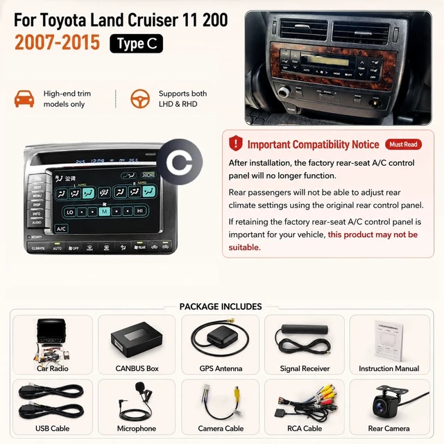 Alt view image 2 of 5 - 8-Core Android Car Stereo for Toyota Land Cruiser 11 200 2007-2015 Type C