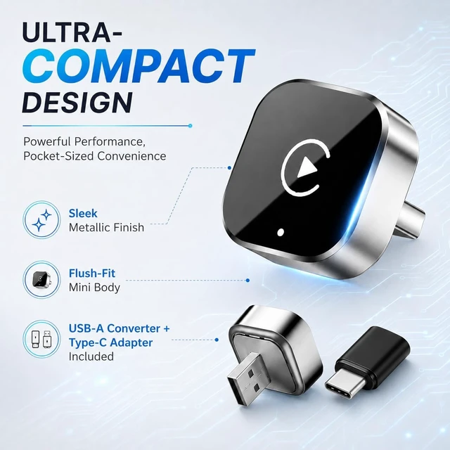 Alt view image 2 of 5 - ORLENTIS Wireless CarPlay Adapter, 2-in-1 Wired to Wireless CarPlay and Android Auto, Plug and Play, Fast Auto Reconnect, Mini Dongle with USB-A to USB-C Adapter